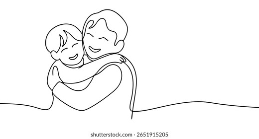 Continuous line art a father hugging a child both smiling on embrace family