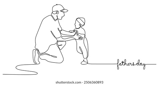 Continuous Line Art Father Son Playtime, White Background. Minimalist Line Hand Drawn Outline Vector Illustration.