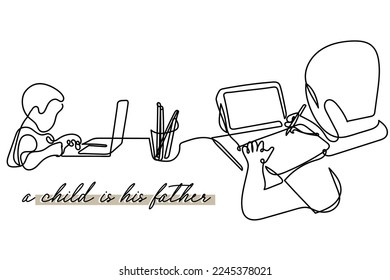 continuous line art of a father working on laptop and his child imitating him. A child is his father concept. Smart parenting rules Vector art.