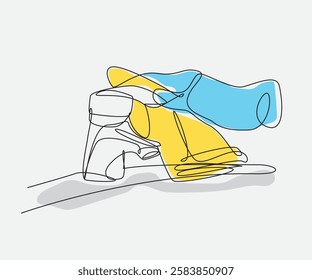 Continuous line art of a faucet with cleaning gloves and cloth, symbolizing hygiene, sanitation, and home cleaning. Minimalist and modern digital illustration.