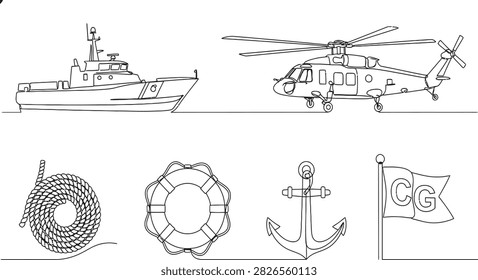 Continuous line art featuring a boat helicopter and essential maritime symbols representing sea rescue and safety