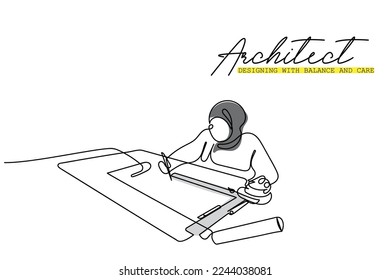 Continuous line art of female architect busy in her work. Empowered woman. Muslim woman. Architecture vector art design ideas. Isolated vector. 