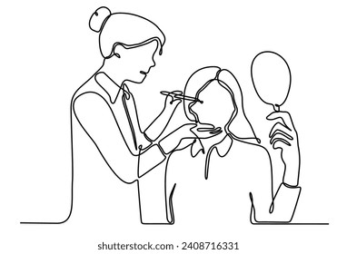 
continuous line art Female beautician makes make-up of patient with mirror undergoing aesthetic treatment