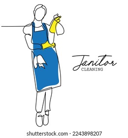 Continuous line art of a female cleaner. Professional janitor at your service. Minimal vector art. Isolated vector. Professional cleaning employee. 
