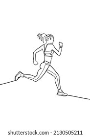 Continuous line art of female runner, single line sketch of woman run, one line girl jogging. Vector graphic.