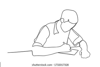 Continuous line art figure of a man in a shirt sitting at a table who is writing something. It can be used for animation. Vector illustration of a black contour on a white background. man studying.