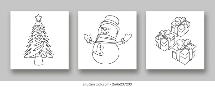 Continuous line art fir tree, snowman, and gift boxes set. Modern single line art, Christmas portrait, aesthetic contour. Great for poster, wall art, tote bag, t-shirt print, sticker.