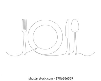 Continuous line art fork, spoon, plate and knife. Vector illustration isolated on white background.