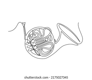 Continuous Line Art Of French Horn. One Line Drawing Abstract French Horn, Music Instrument.