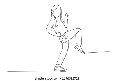 Continuous Line art of Full length body size profile side view of cute little girl, glad cheerful cheery girl celebrating great success, jump isolated vector