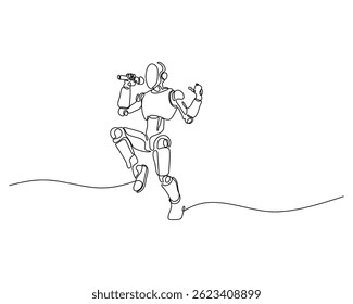 Continuous line art of a futuristic robot jumping and singing into a microphone, dynamic and minimalistic design, ideal for music, technology, and entertainment concepts.
