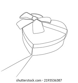 Imagen de línea continua de la caja de regalo en forma de corazón con arco de cinta. Paquete sorpresa envuelto para Navidad o fiesta de cumpleaños aislado. Celebración, diseño de minimalismo vectorial