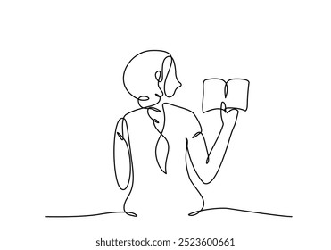 Continuous line art of a girl reading a book, editable stroke.