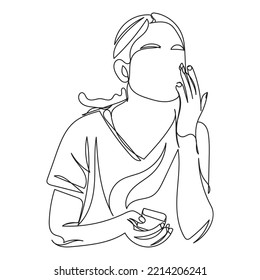 Continuous Line Art Of A Girl Wrried About Skin Issues In Winter. Rejuvenate And Moisturize Skin. Fall Skin Story. Boho Style Portrait Of A Girl. Skin Treatment. Self Care Routine. Serum For Pimples