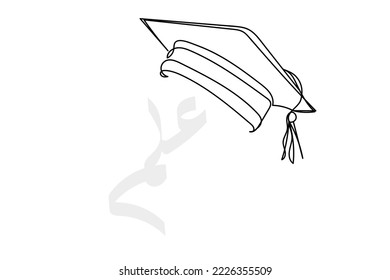 Continuous line art of graduation cap with an Arabic term "ILM" written in Arabic that means education. Concept of degree education and knowledge. Graduation day concept. Knowledge is power background