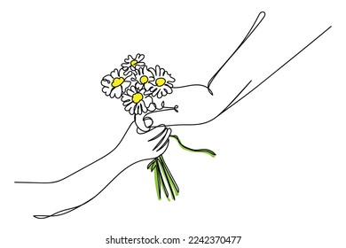 continuous line art of grandparent's hand receiving flowers from grandchild. celebrate kindness and promote harmony. flowers. mother daughter relationship. mothers day. family bonding. 