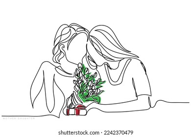 continuous line art of grandparent's hand receiving flowers from grandchild. celebrate kindness and promote harmony. flowers. mother daughter relationship. mothers day. family bonding. 