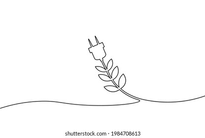 Continuous Line Art Green Energy Plug Concept. Sustainable Power Storage Electric Rechargeable Supply. Charging Battery Eco Global Planet Solution. Hand Drawing Sketch Vector Illustration