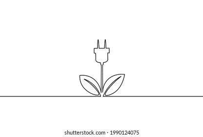 Continuous Line Art Green Neon Energy Plug Konzept. Nachhaltige Stromversorgung für Energiespeicher mit Strom. Ladebatterien Öko-Planet-Lösung. Handzeichnung, Vektorgrafik