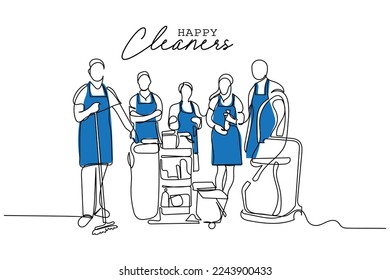 Continuous line art of group of cleaners. Professional team of janitors. Janitorial jobs. Professional and satisfactory work. Happy team. Team work concept. Hand drawn line art. Isolated.