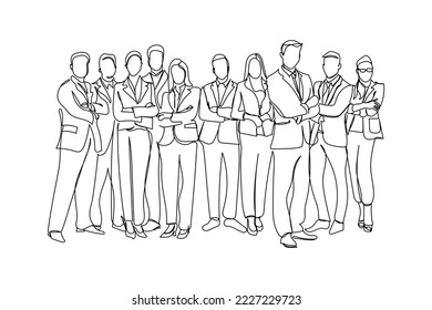 Continuous line art of group of corporate people. Business meeting and workshop. Executive people together. Official board meeting. Diverse business persons vector. 