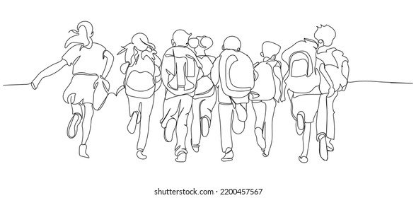 Continuous Line Art of Group of elementary school kids running at school back view students happy to go ack to school