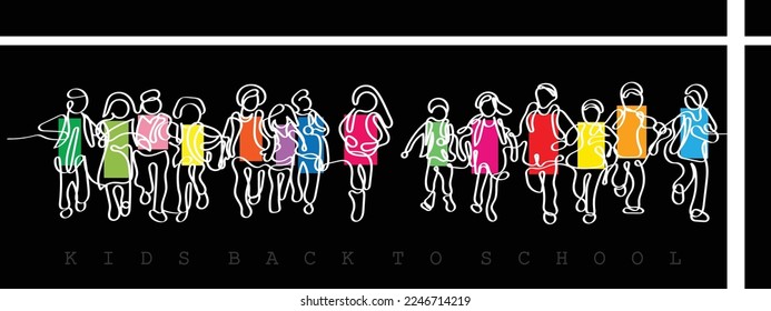Continuous line art of a group of kids going to school or back to school. 