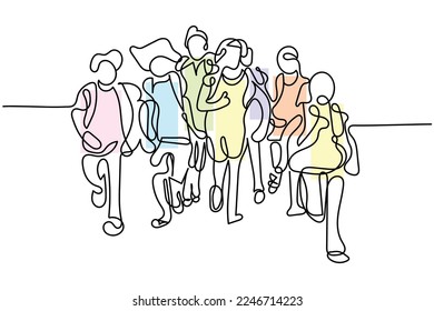 Continuous line art of a group of kids going to school or back to school. 