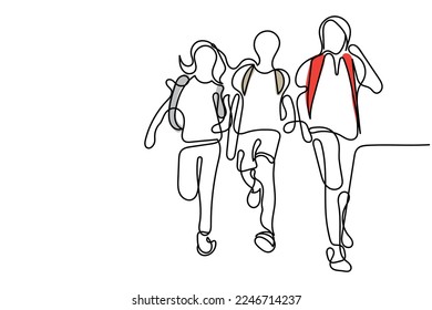 Continuous line art of a group of kids going to school or back to school. 