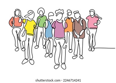 Continuous line art of a group of kids going to school or back to school. 