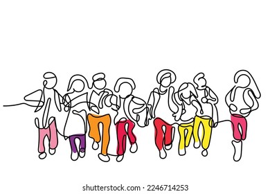 Continuous line art of a group of kids going to school or back to school. 