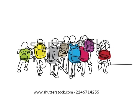 Continuous line art of a group of kids going to school or back to school. 