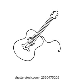 Continuous line art guitar, single line sketch, isolated on white background. One continuous line drawing. Music symbol.
