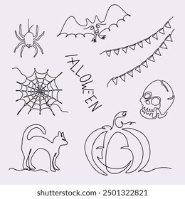 Continuous line art Halloween set, single line sketch, isolated. One continuous line drawing. Halloween symbols