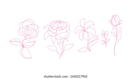 Línea continua de arte, flores dibujadas a mano. Ilustración vectorial para el eslogan de diseño, pantalones T.