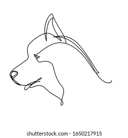 Continuous line art, hand drawn dog head. Husky portrait, hand drawn pet symbol. Vector illustration for design slogan, t-shirts.