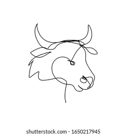 Kontinuierliche Linienkunst, handgezeichneter Bullenkopf. Kuhportrait, handgezeichnet Ochse. Vektorillustration-Illustration für Design-Slogan, T-Shirts.