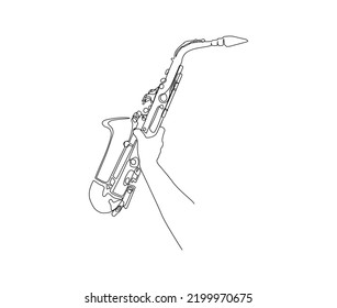  Continuous line art of Hand Holding Saxophone vector illustration. Single line drawing of classical saxophone. Hand drawn minimalism style.