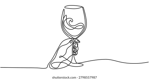 Continuous line art of hand holding a swirling wine glass