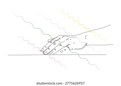 Continuous line art of hand interacting with smooth surface with vibrant energy waves flowing outward depicting tactile human sensation.