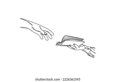 Continuous line art of hand of a person reaching out to hold a book. Concept of thirst of knowledge. Teacher and student relationship. Nature is the best teacher. Seek knowledge. Ancient art history.