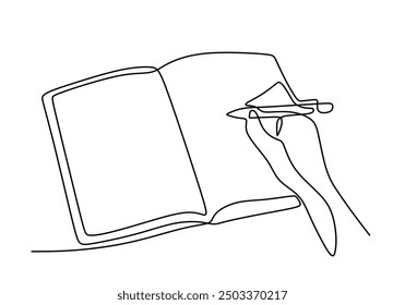 Continuous line art of a hand writing with a pen on a book. Simple linear drawing of hand holding a pen.