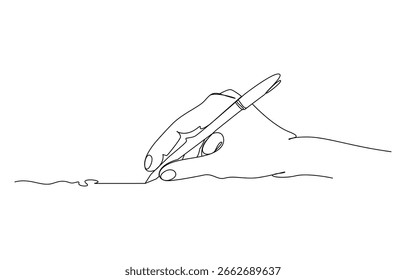 linha contínua arte Mão escrevendo com uma caneta, Mão segurando um lápis, escrevendo ou desenhando em uma superfície em branco