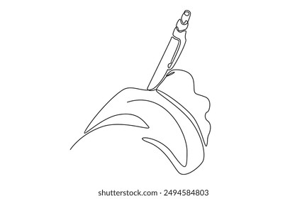 continuous line art of hands holding pen