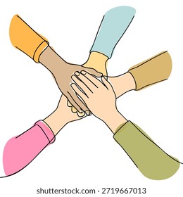 Mãos de arte de linha contínua segurando juntas. Trabalho em equipe conceito, amizade e grupo de pessoas.