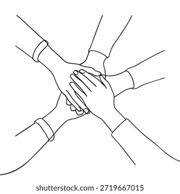 Mãos de arte de linha contínua segurando juntas. Trabalho em equipe conceito, amizade e grupo de pessoas.