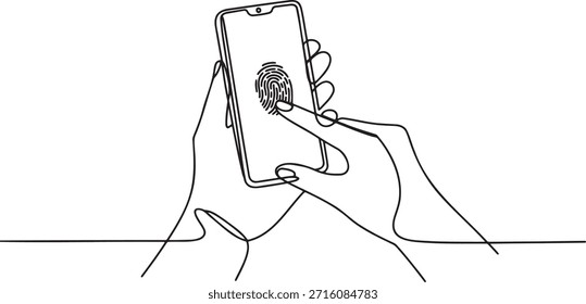 Línea continua de arte de las manos interactuando con el teléfono inteligente. Escáner de huellas dactilares en dispositivo móvil para autenticación. Tecnología de seguridad biométrica en la pantalla del smartphone. Concepto de seguridad online con Identificación táctil. Gadget moderno con función de privacidad digital.