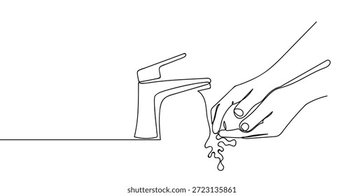 Arte de línea continua: manos que se lavan las manos con agua del grifo. Vector de estilo de dibujo de línea sobre fondo transparente