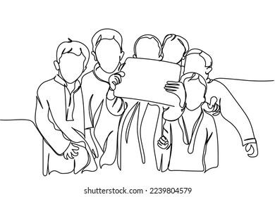 Continuous line art of happy kids together in street of some rural area with placard. Concept art vector. Innocence of childhood. Preteen boys. Childhood memories. Nostalgia. Happiness. Play time. 