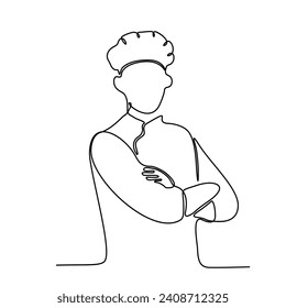 
continuous line art Happy smiling chef with crossed arms with outline or lines and clean simple style